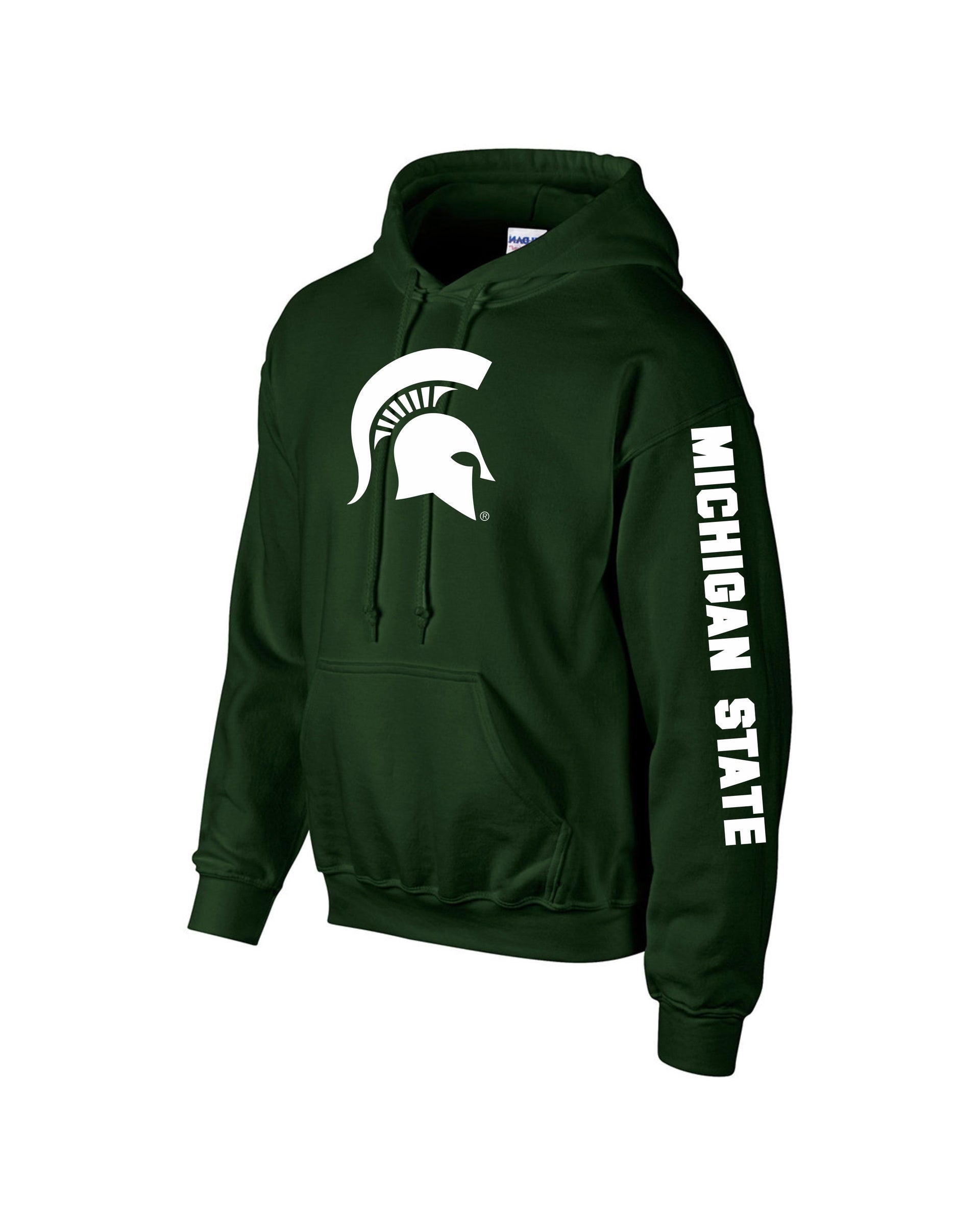 Michigan State University Spartans Sparty Head Spartan Helmet Design with Sleeve Print Hooded Sweatshirt Medium / Forest