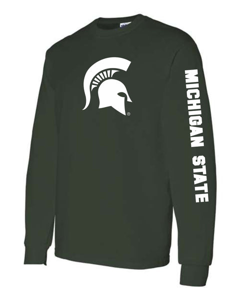 Michigan State University Spartans Sparty Head Design with Sleeve Print Long Sleeve T-Shirt