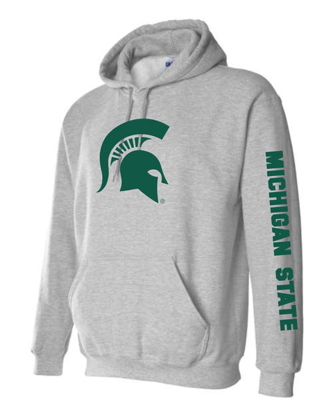 Michigan State University Spartans Sparty Head Spartan Helmet Design with Sleeve Print Hooded Sweatshirt